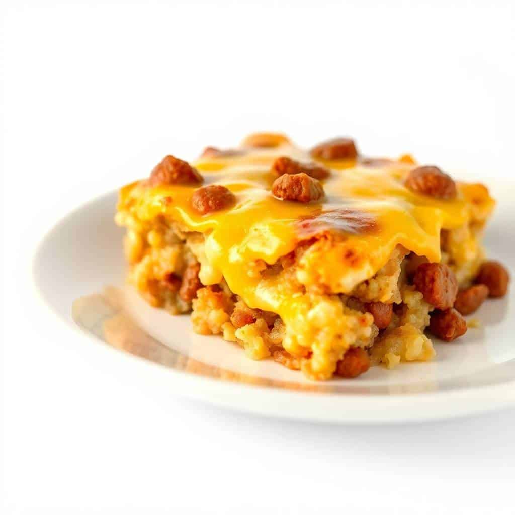 Golden sausage hashbrown breakfast casserole squares with melted cheese on white plate.