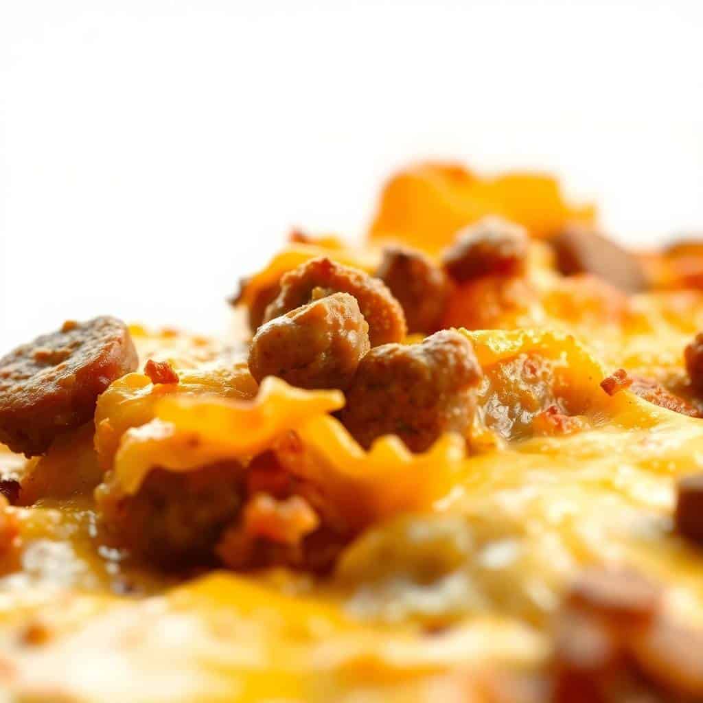 Sausage hashbrown breakfast casserole with melted cheese and browned meat pieces on white surface.