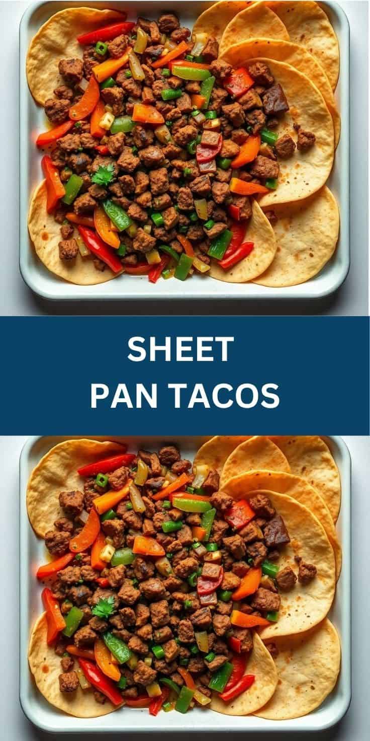 Sheet pan tacos with seasoned ground beef, bell peppers, and green onions on flour tortillas.