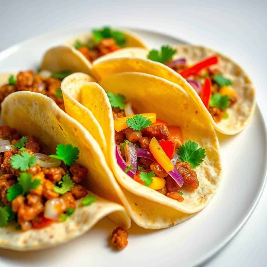 Golden corn tortilla tacos filled with seasoned meat, peppers, and cilantro on white plate.