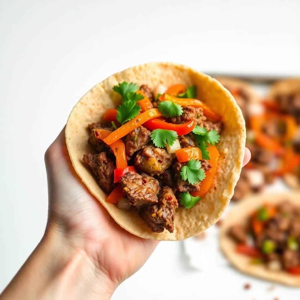 Hand holding a beef taco with orange bell peppers and fresh cilantro garnish on a flour tortilla.