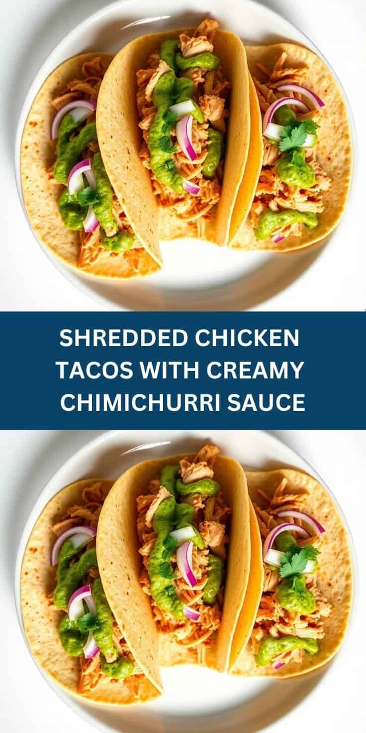 Three shredded chicken tacos with creamy chimichurri sauce, cilantro, and red onion on white plate.
