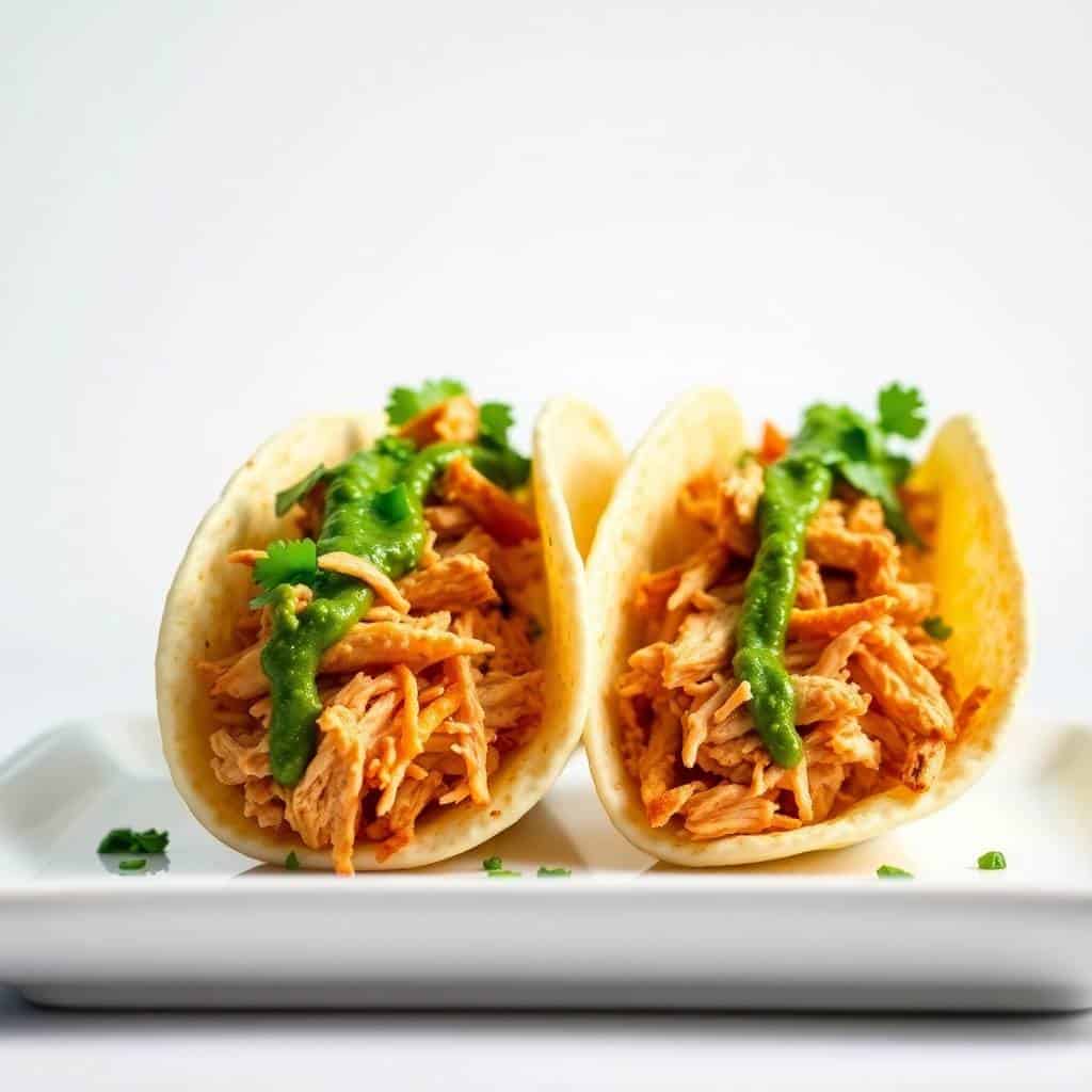 Two shredded chicken tacos with creamy chimichurri sauce and fresh cilantro on white plate.