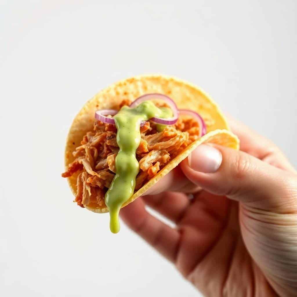 Hand holding shredded chicken taco with creamy green chimichurri sauce and purple onion slices.