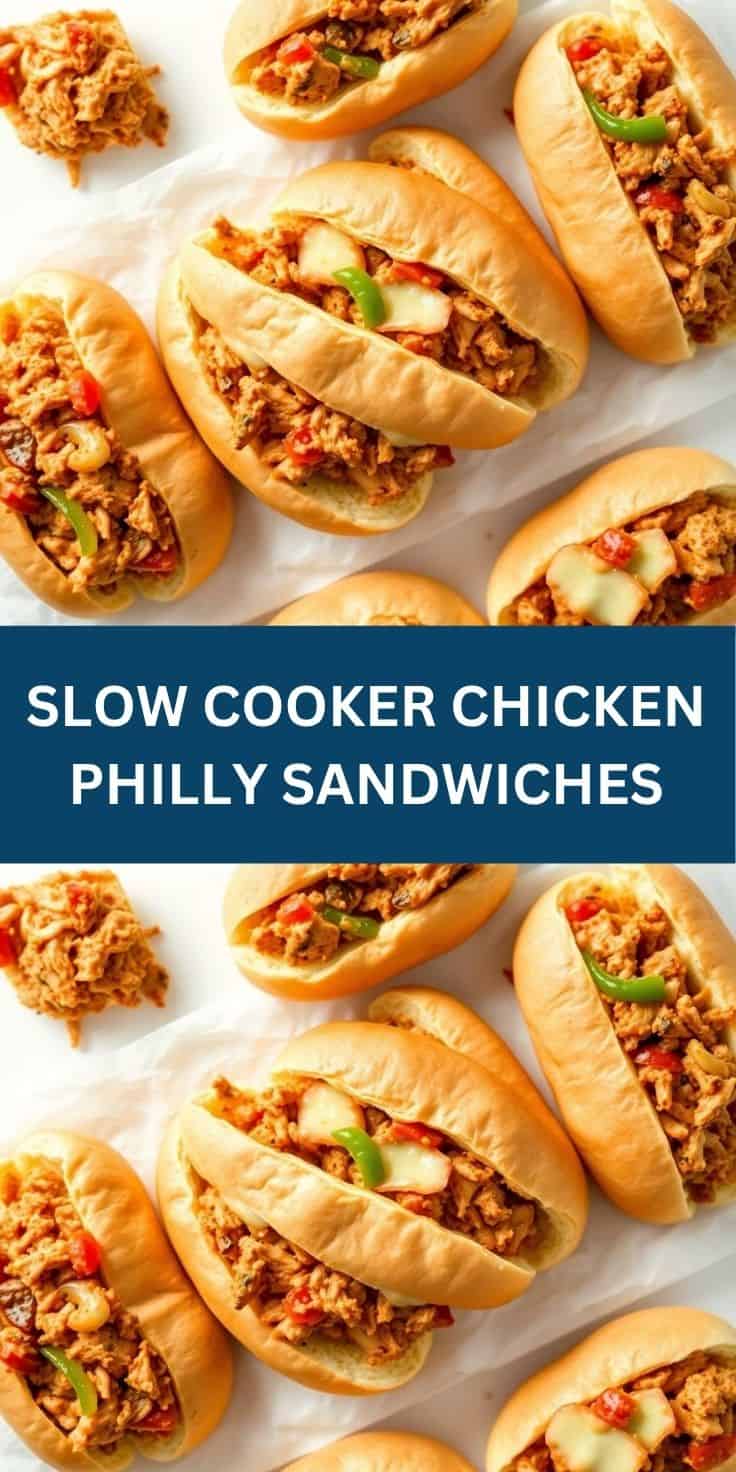 Slow cooker chicken philly sandwiches on white plate with shredded chicken, peppers, and onions in toasted buns.
