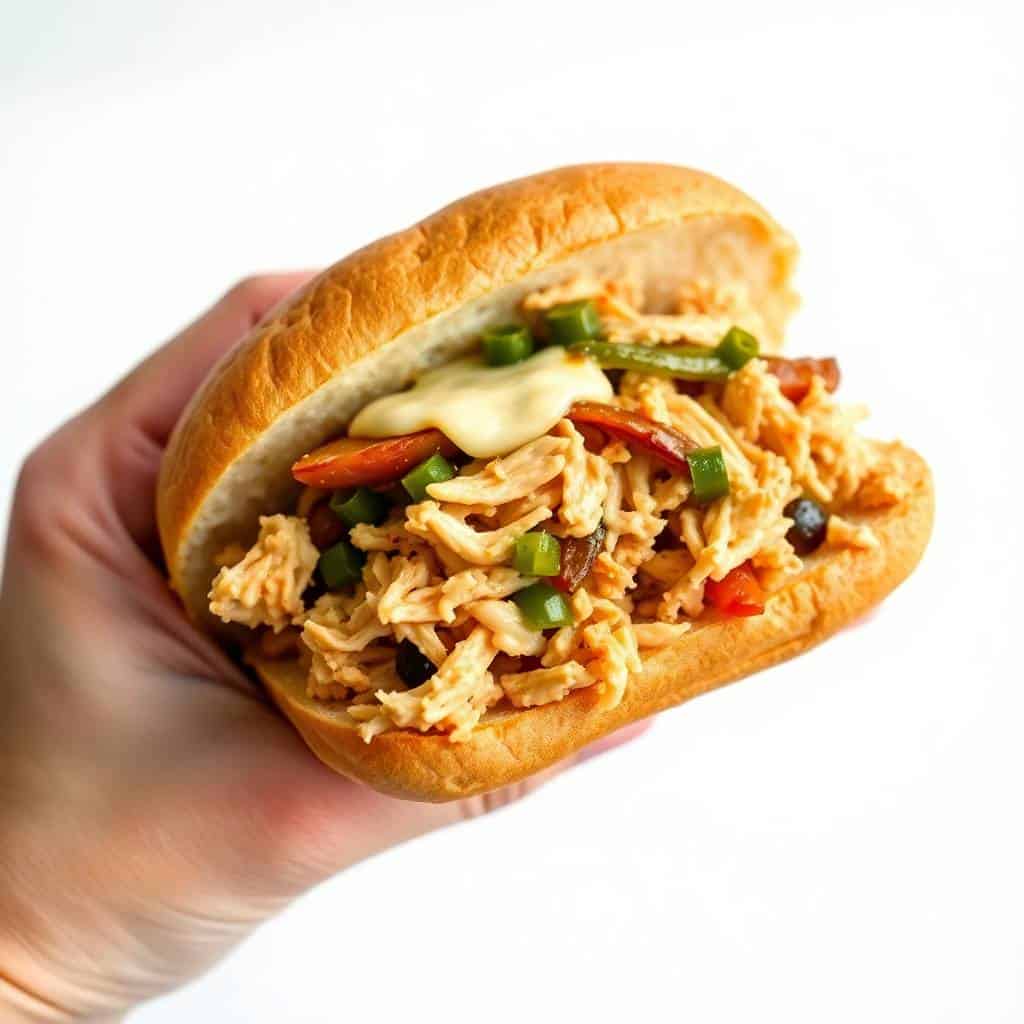 Hand holding a toasted hoagie roll filled with shredded chicken, sautéed peppers, onions, and melted cheese.