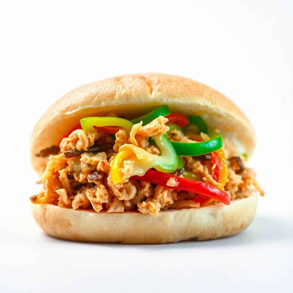 Slow cooker chicken Philly sandwich with shredded chicken, sautéed peppers and onions on a toasted bun.