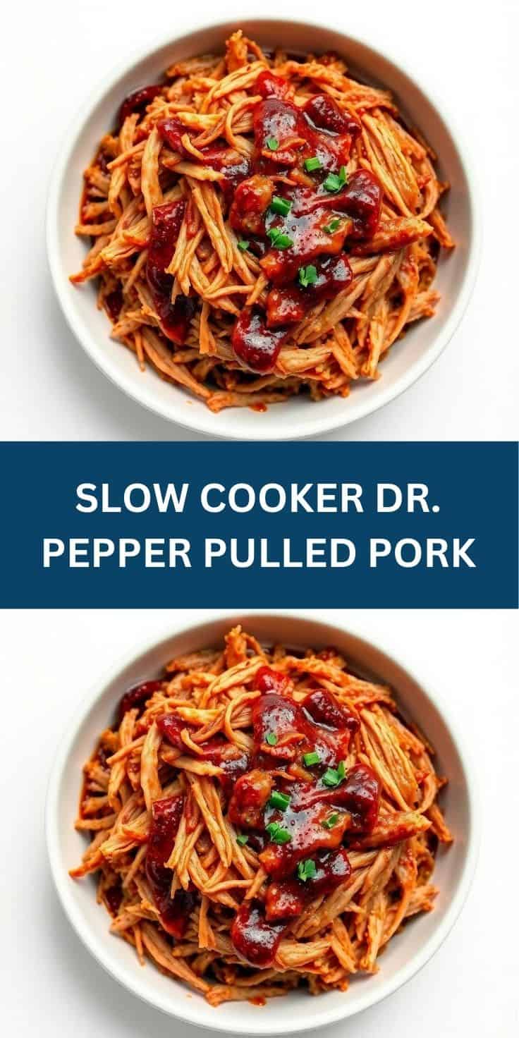 Slow cooker Dr. Pepper pulled pork served in white bowls, shredded with red peppers and green onion garnish.