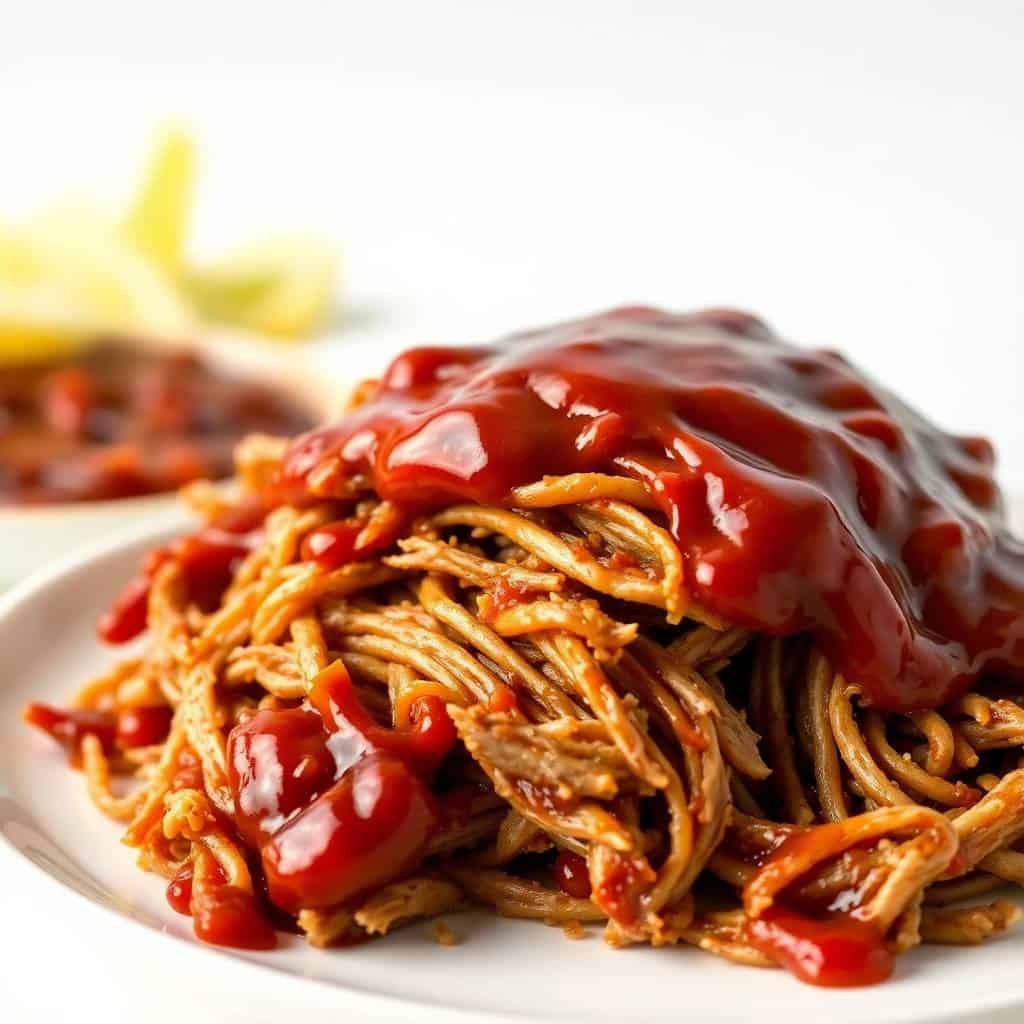 Slow cooker Dr. Pepper pulled pork with glossy red sauce on white plate, shredded meat texture visible.