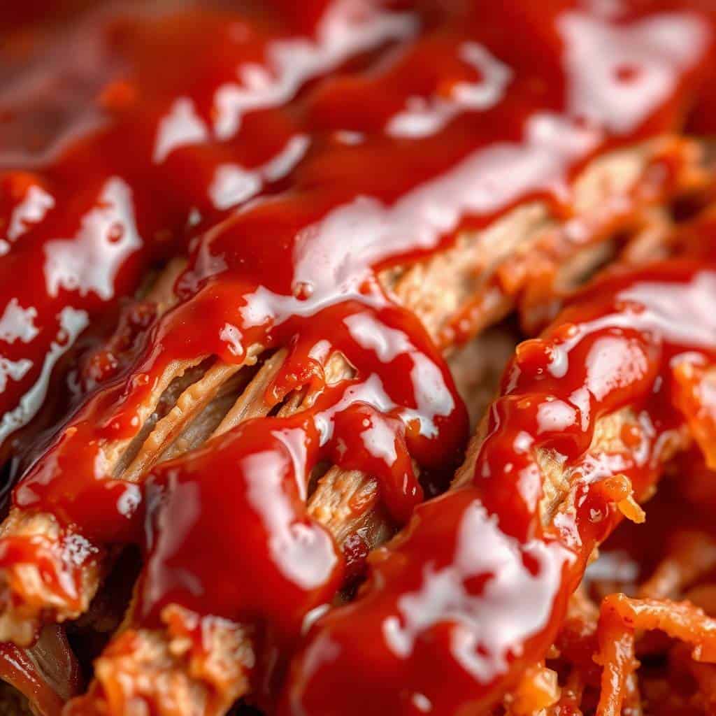 Slow cooker pulled pork with red sauce and white sesame seeds on wooden spoons, closeup detail.