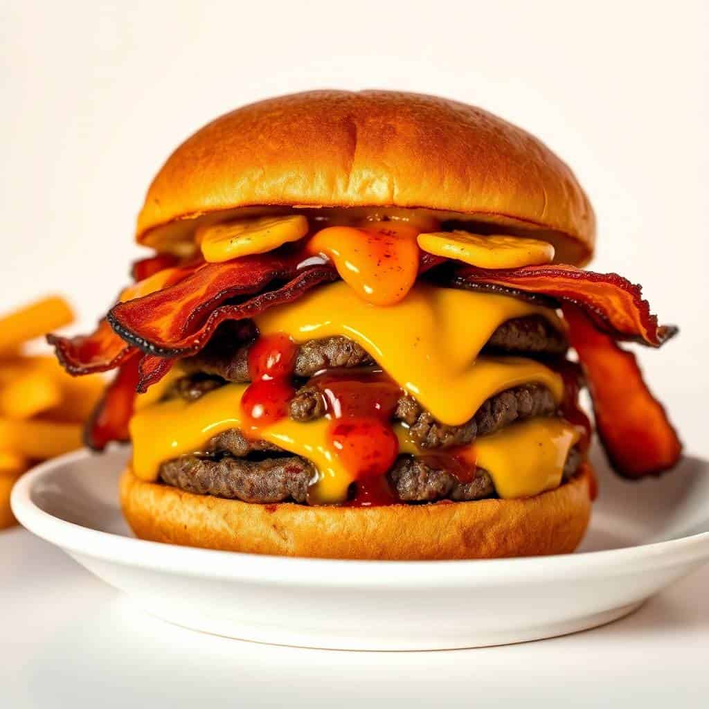 Double cheeseburger with bacon, melted cheese, and red pepper on golden bun with fries.