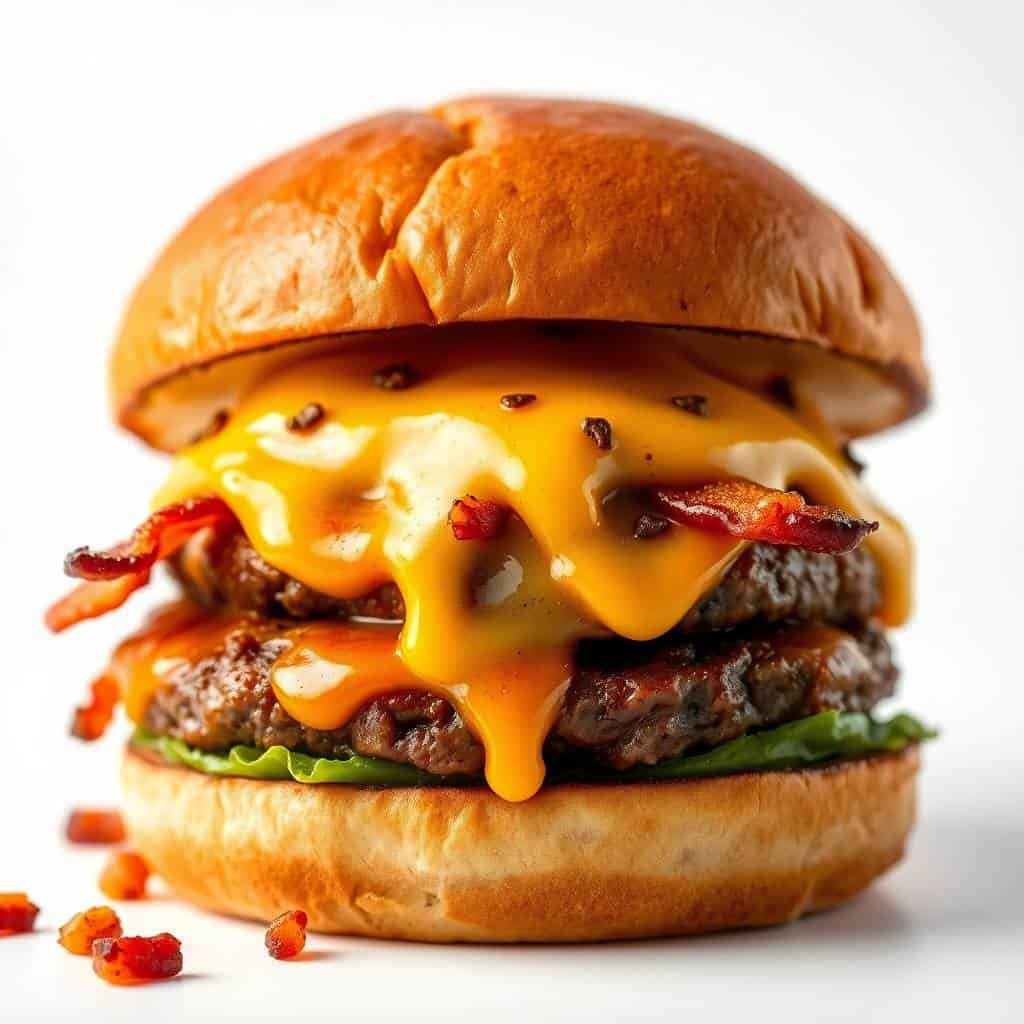 Stacked cheeseburger with melted yellow cheese, bacon, lettuce, and toasted bun on white background.