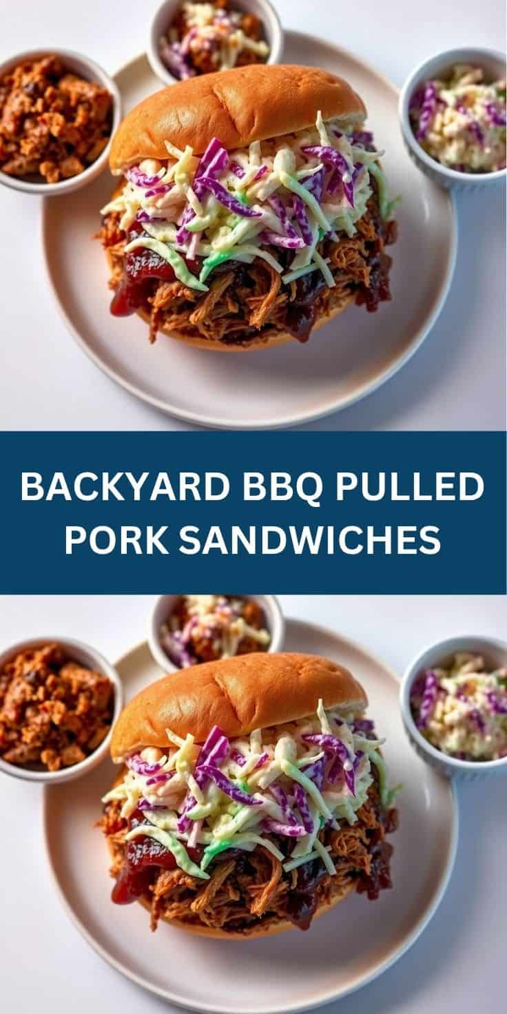 Backyard BBQ pulled pork sandwich on brioche bun with coleslaw and sauce bowls on white plate.