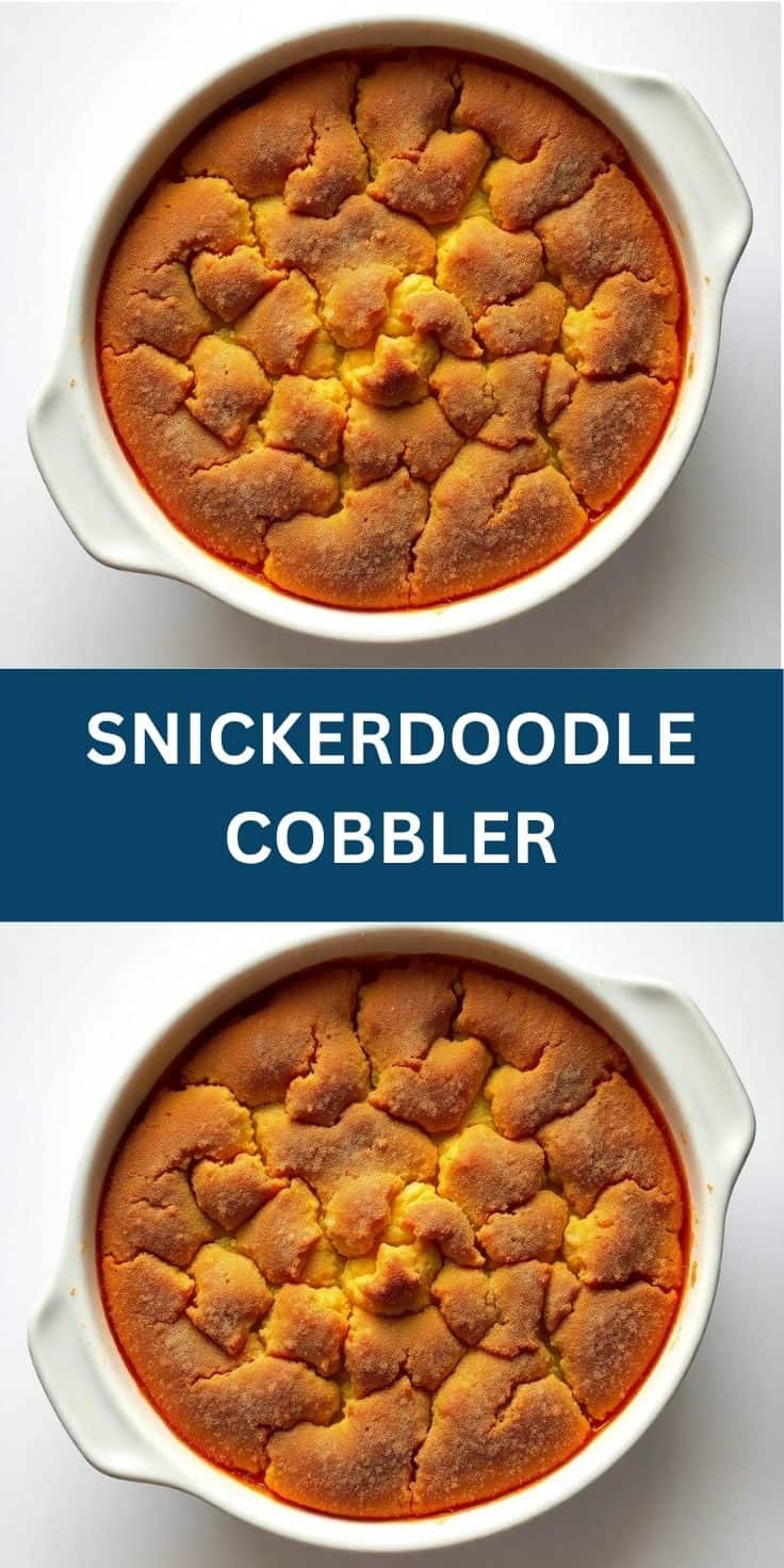 Snickerdoodle cobbler in white baking dish with cinnamon-sugar topped biscuits and fruit filling.