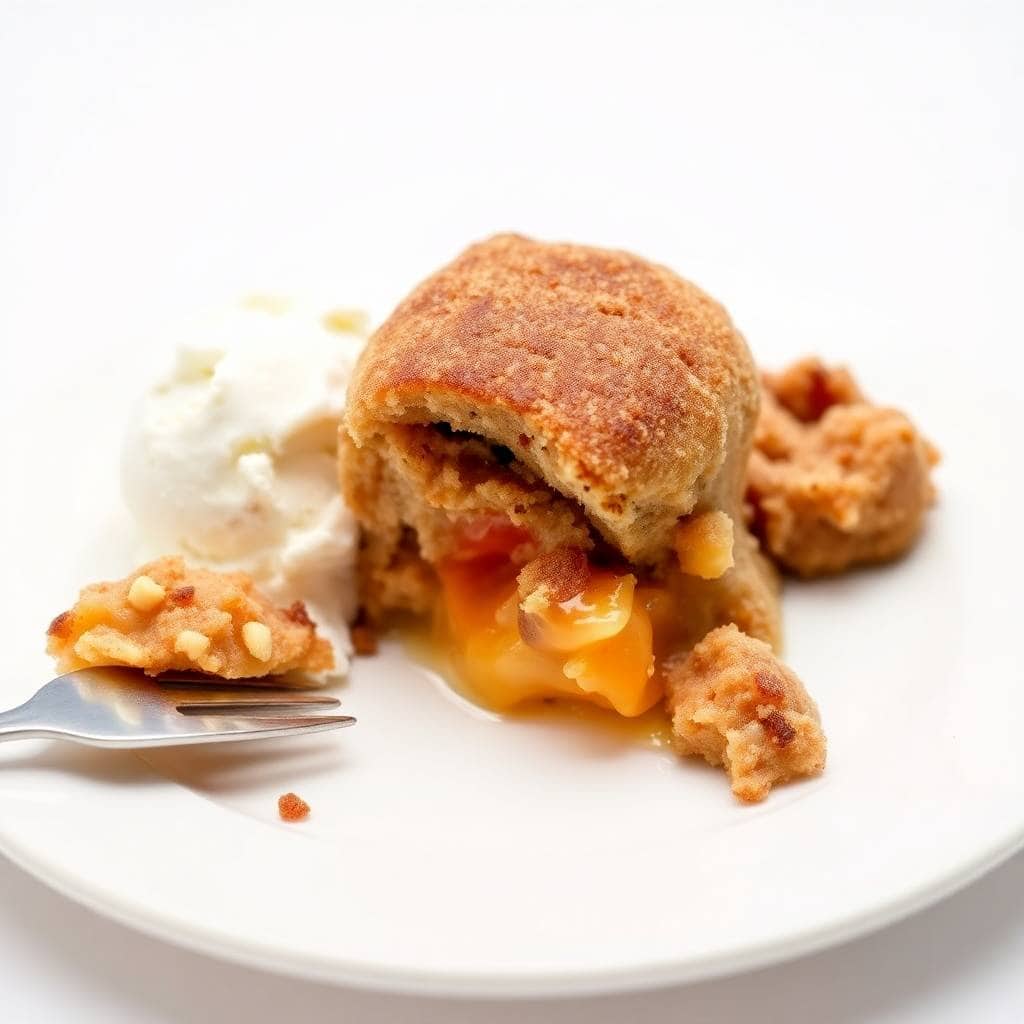 Snickerdoodle cobbler with cinnamon-sugar crust, warm filling, and vanilla ice cream on white plate.