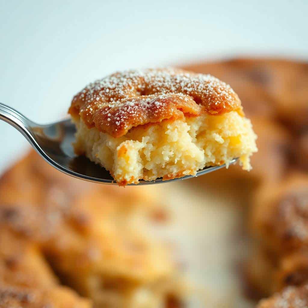Snickerdoodle cobbler with cinnamon-sugar coating on fork, showing fluffy cake texture.