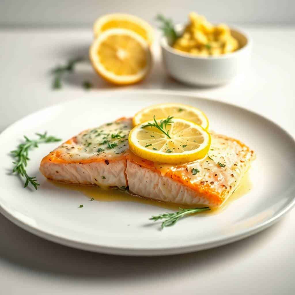 Seared salmon fillet topped with lemon slices and fresh rosemary, plated on white ceramic with herb butter sauce.
