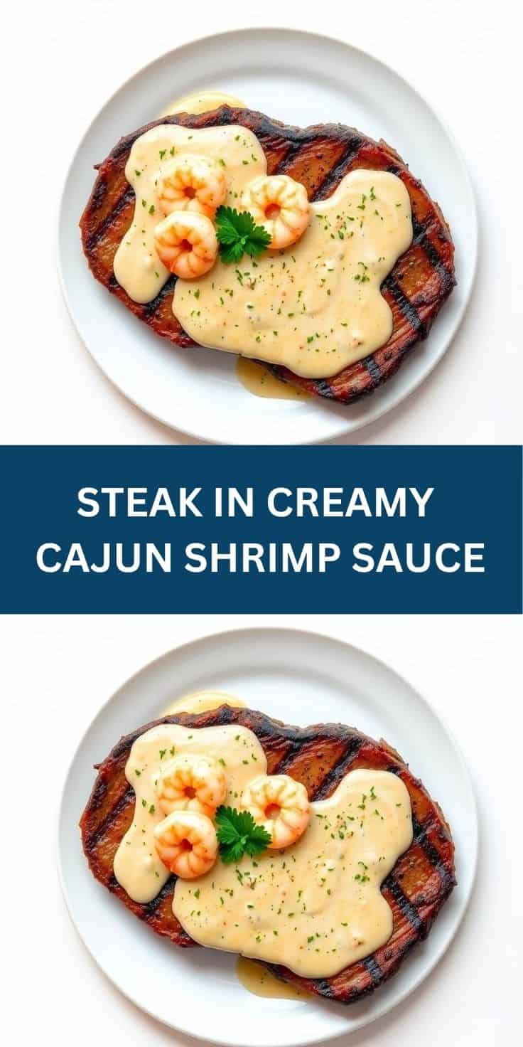 Grilled steak topped with creamy Cajun shrimp sauce, fresh shrimp, and parsley on white plate.