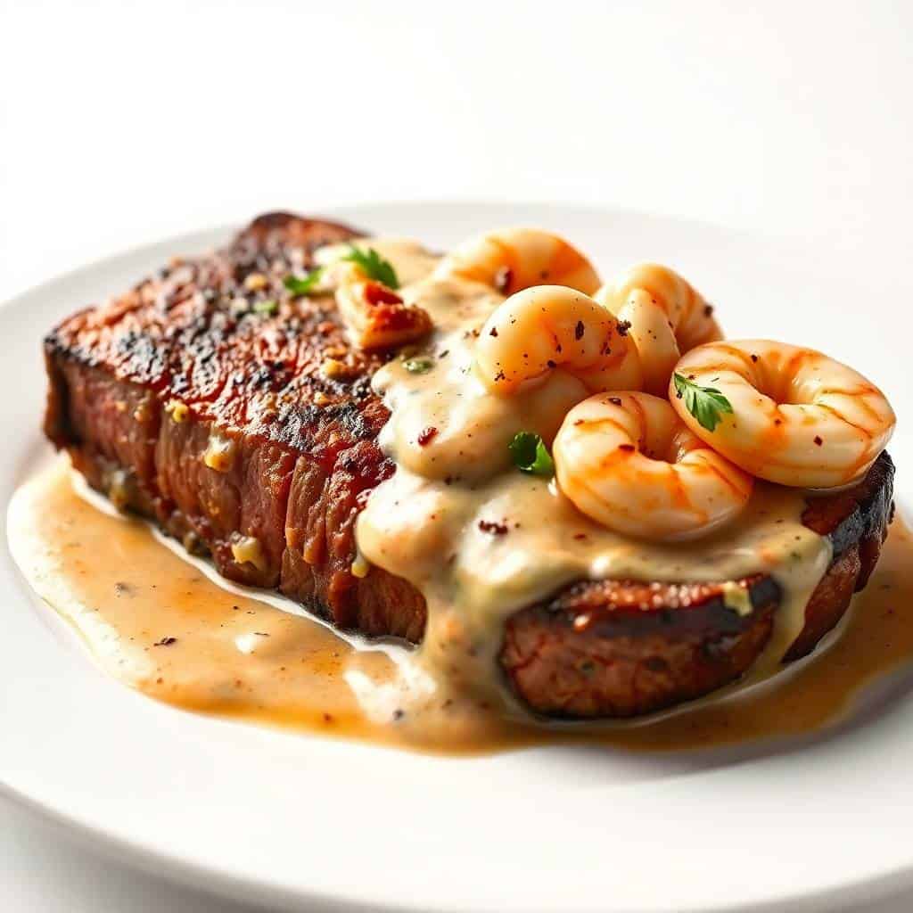 Grilled steak topped with creamy Cajun shrimp sauce, garnished with fresh parsley on white plate.