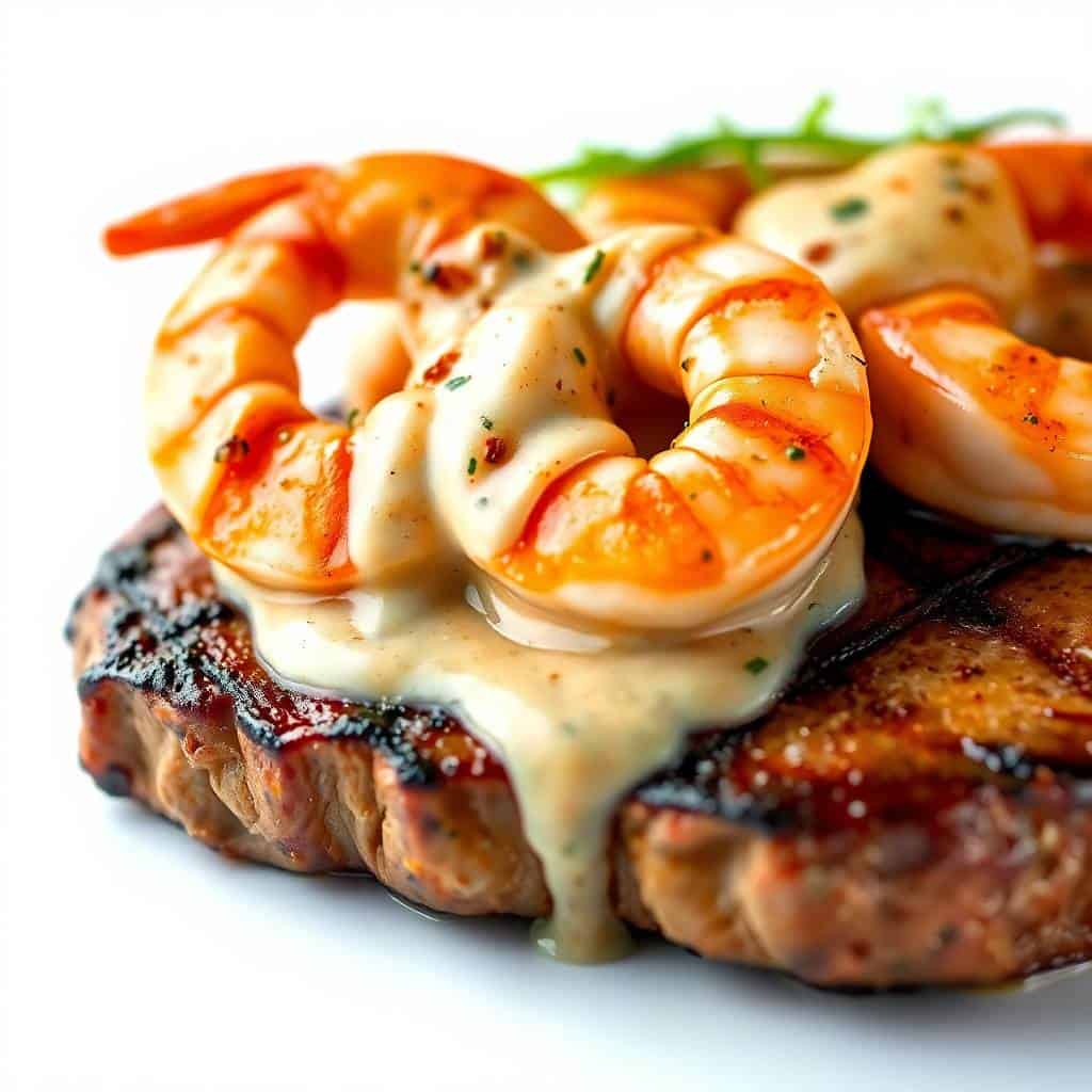 Seared steak topped with creamy Cajun shrimp sauce, garnished with herbs and green onions.