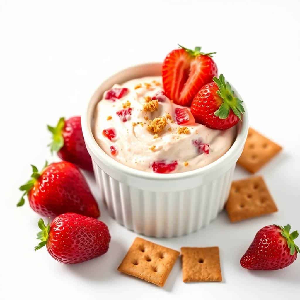 Strawberry cheesecake dip in white bowl garnished with fresh strawberries, granola, and graham crackers.