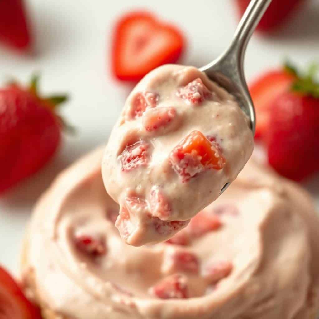 Strawberry cheesecake dip on spoon with fresh strawberries and creamy base in background.