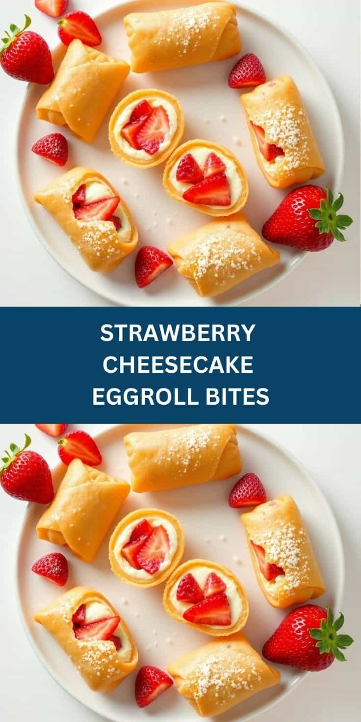 Strawberry cheesecake eggroll bites arranged on white plate with fresh strawberries and powdered sugar.
