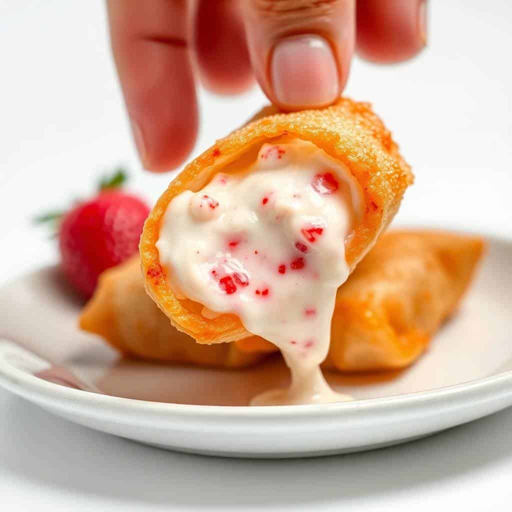 Strawberry cheesecake eggroll bite held by fingers, topped with cream and red fruit pieces on white plate.