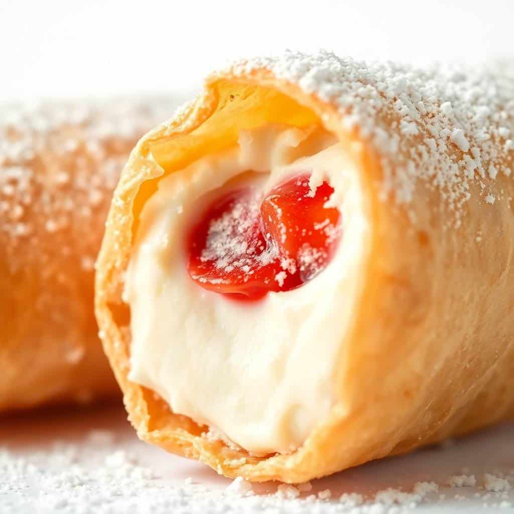 Strawberry cheesecake eggroll bite cut in half, showing red jam filling and cream cheese, dusted with powdered sugar.