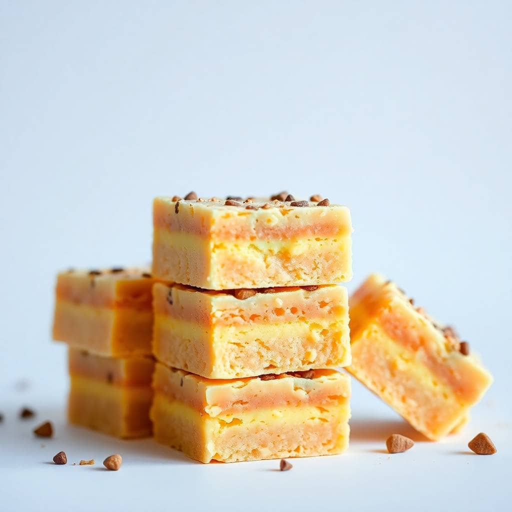 Stacked sugar cookie fudge squares with chocolate chip garnish on white surface.