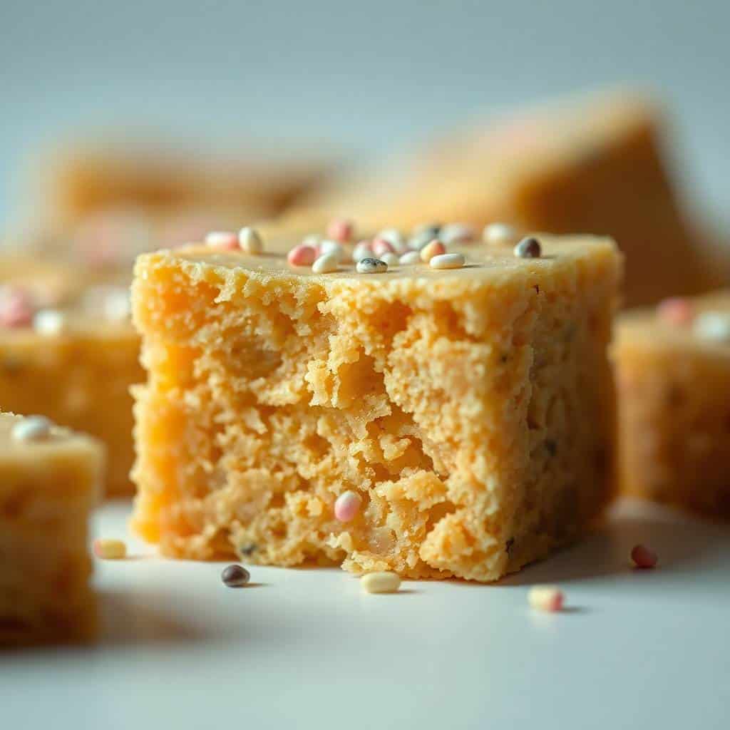 Sugar cookie fudge squares with golden texture and colorful sprinkle garnish on white surface.
