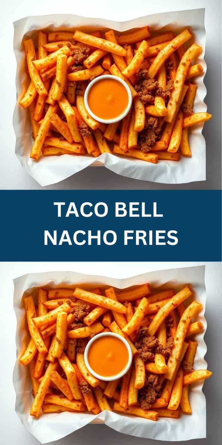 Taco Bell nacho fries with seasoned ground meat and orange cheese sauce in white paper holder.