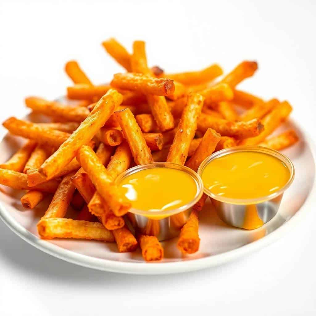 Golden crispy nacho fries on white plate with two small cups of yellow cheese sauce.