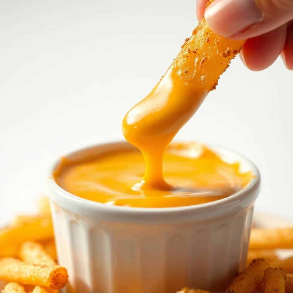 Crispy golden fries being dipped into a white cup of cheese sauce.