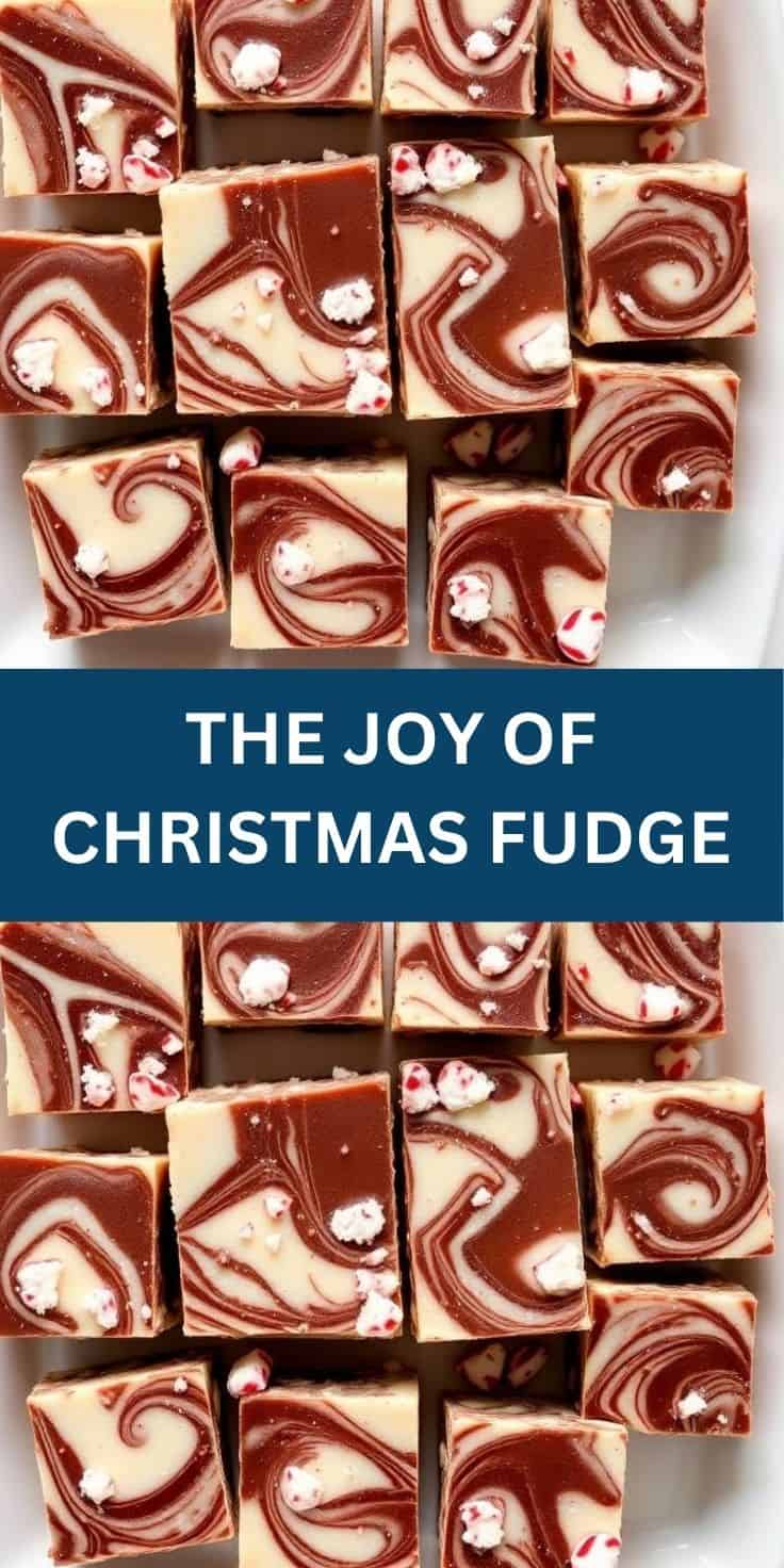 Red and white swirled Christmas fudge squares with peppermint candy pieces arranged on white surface.
