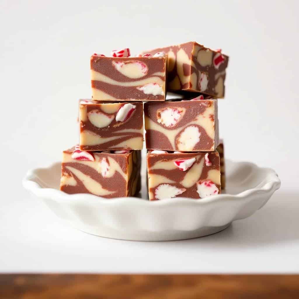 Stacked chocolate and vanilla swirl fudge pieces on a white ceramic dish against a neutral background.