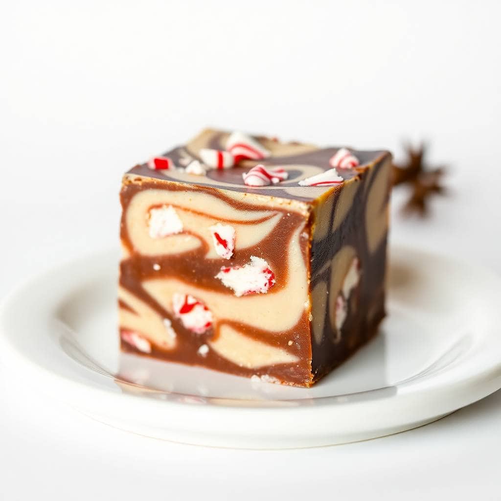Peppermint fudge square with swirled chocolate and cream layers, garnished with crushed candy canes on white plate.
