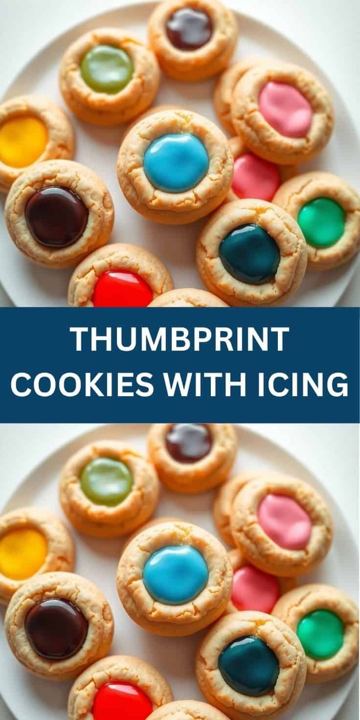 Colorful thumbprint cookies with glossy icing centers arranged on a white plate.