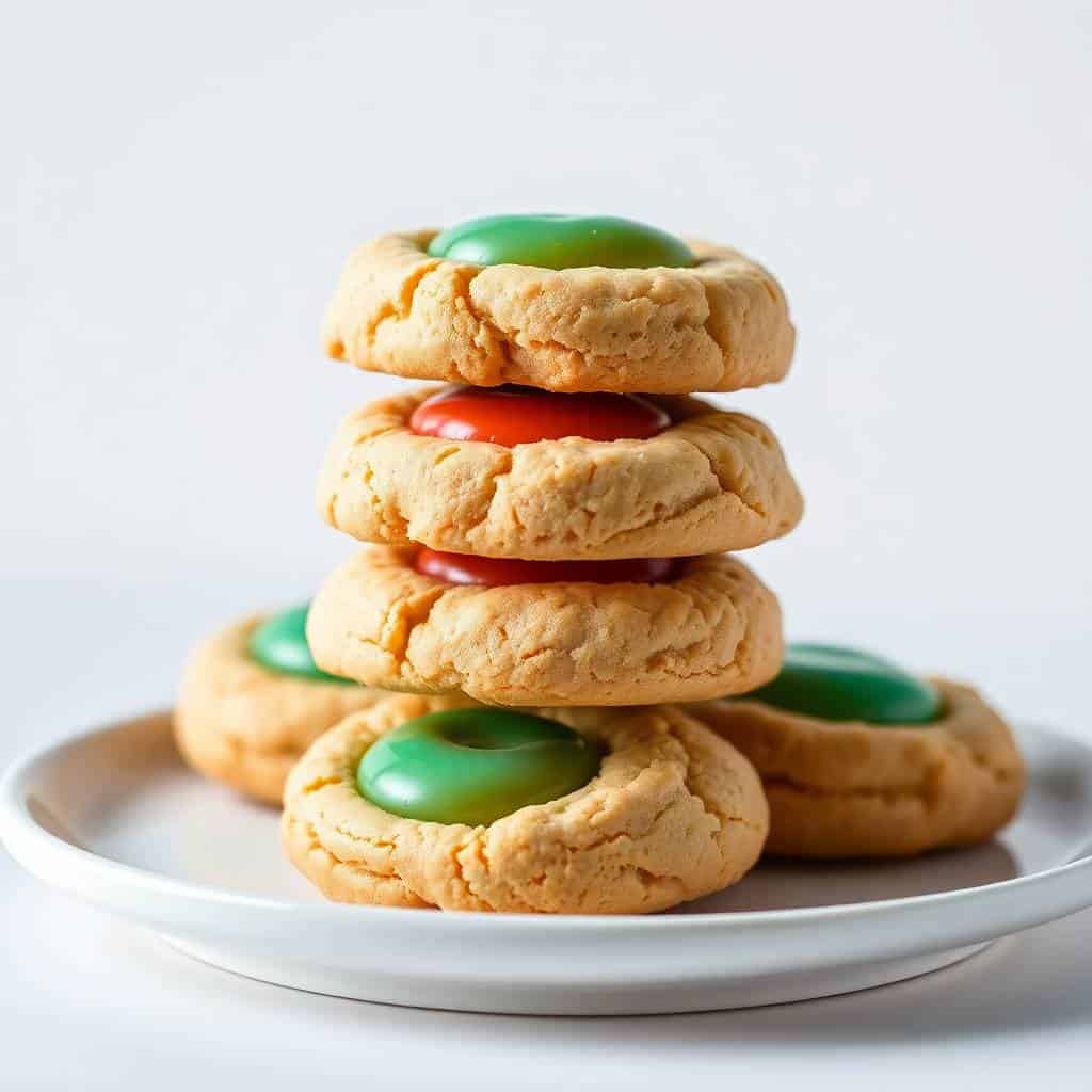 Stacked thumbprint cookies with colorful icing gems on a white plate against a light background.