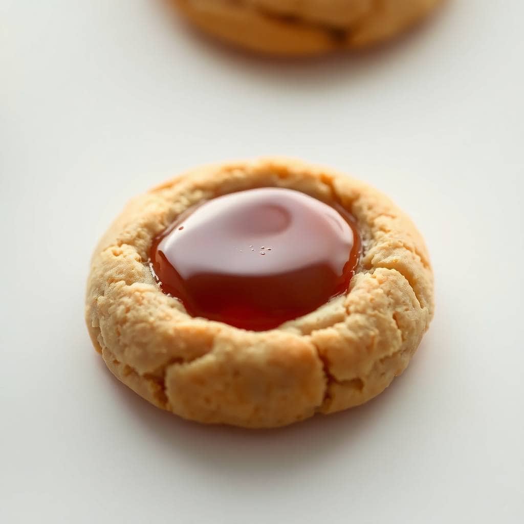 Thumbprint cookie with red jam filling and white icing topping on white surface.