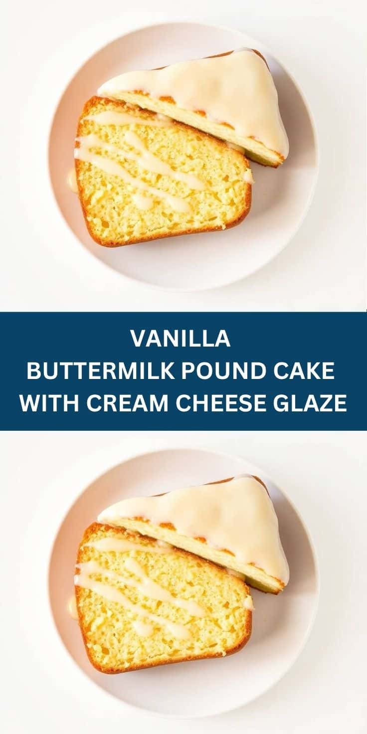Sliced vanilla buttermilk pound cake with cream cheese glaze on pink plate, two angles.