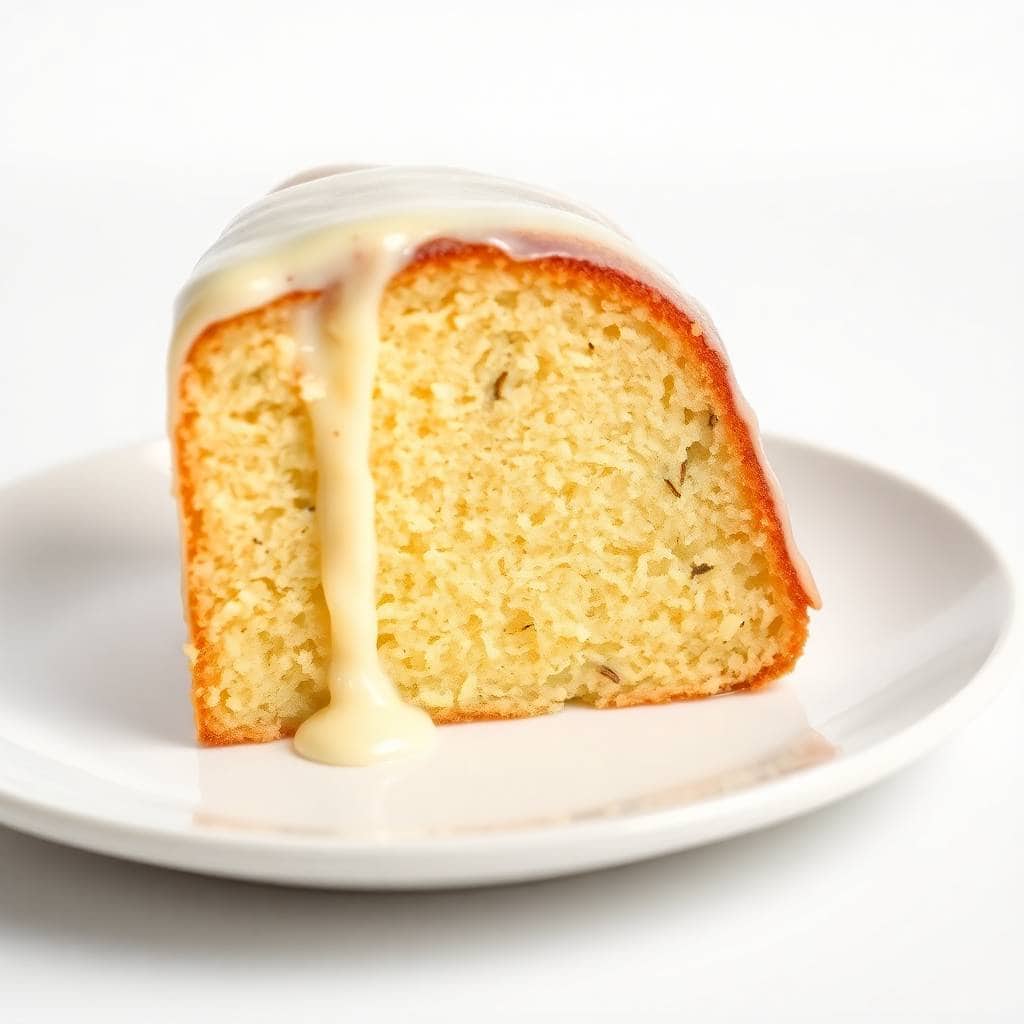 Slice of vanilla buttermilk pound cake with cream cheese glaze dripping down, served on white plate.