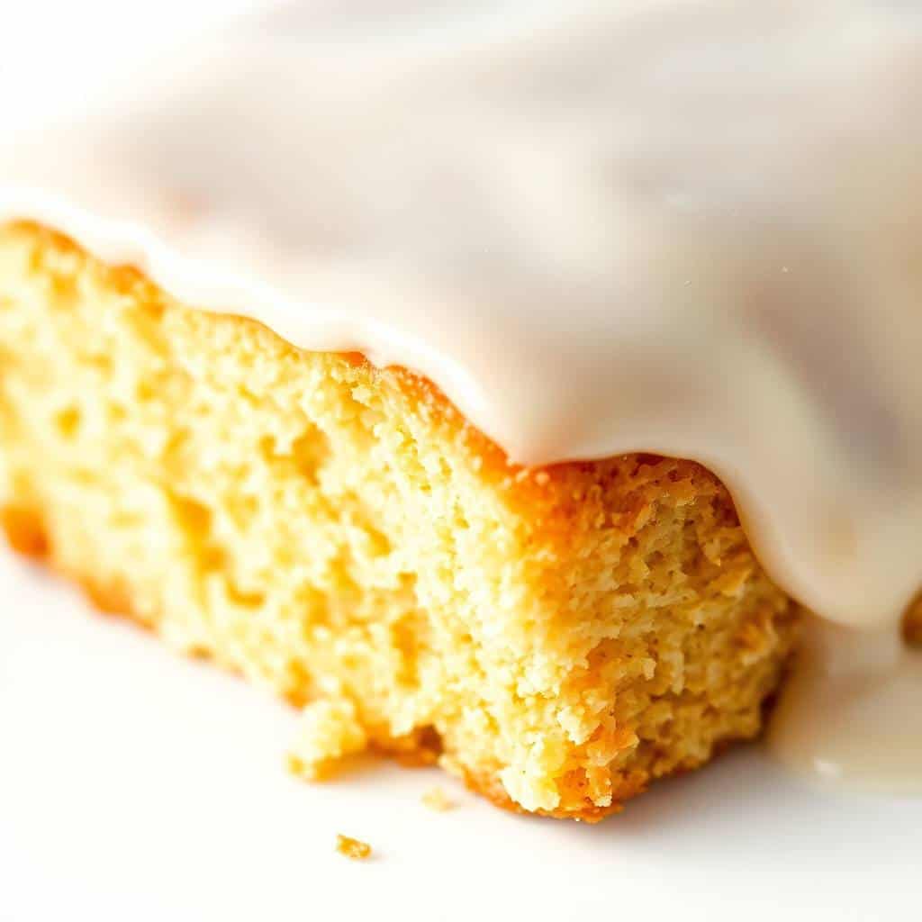 Sliced vanilla buttermilk pound cake with golden-brown exterior and cream cheese glaze drip.