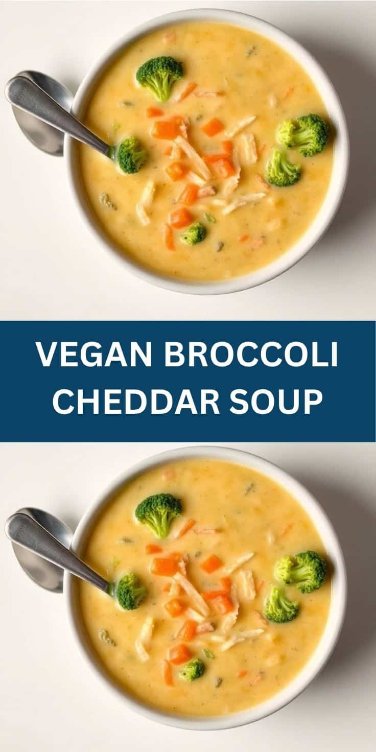 Two bowls of creamy vegan broccoli cheddar soup garnished with broccoli florets and diced carrots.