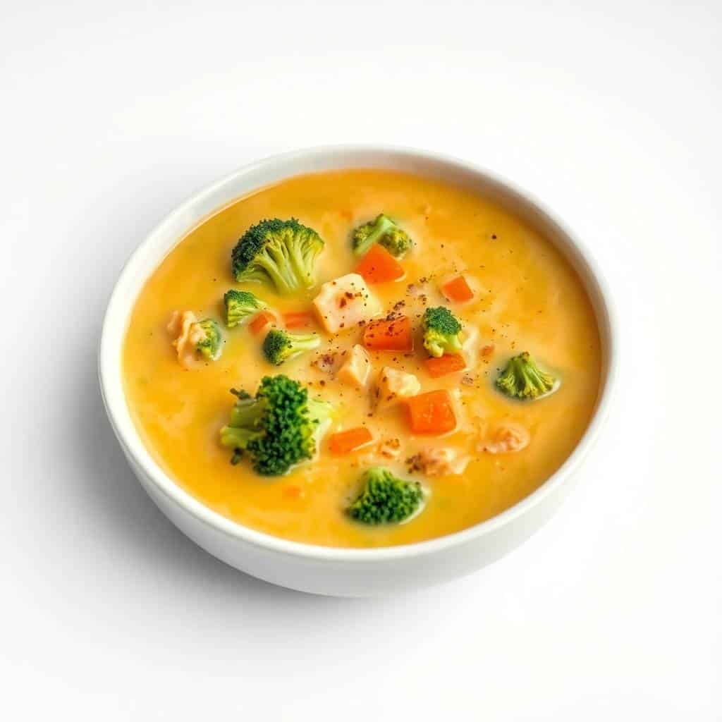 Vegan broccoli cheddar soup in white bowl, garnished with broccoli florets, diced red pepper, and black pepper.