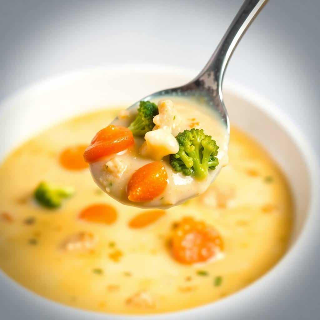 Spoonful of creamy vegan broccoli cheddar soup with carrots and broccoli florets over white bowl.