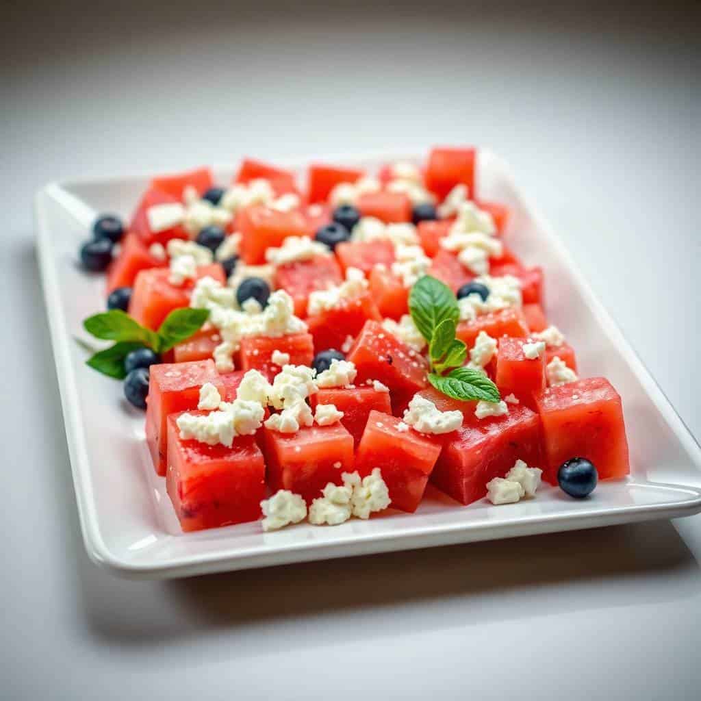 Watermelon feta flag salad with cubed red watermelon, crumbled white cheese, blueberries, and mint on white plate.