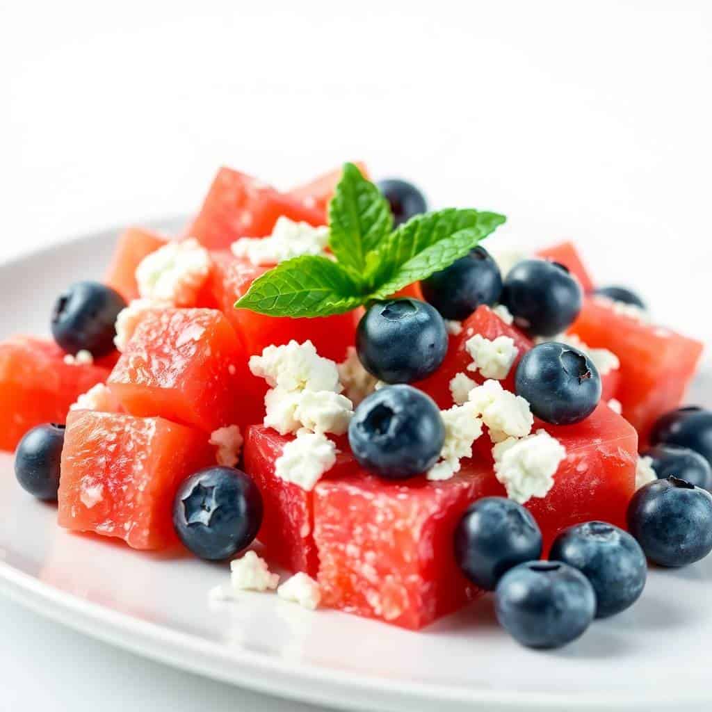 Watermelon feta flag salad with red cubed watermelon, white cheese crumbles, blueberries, and mint on white plate.