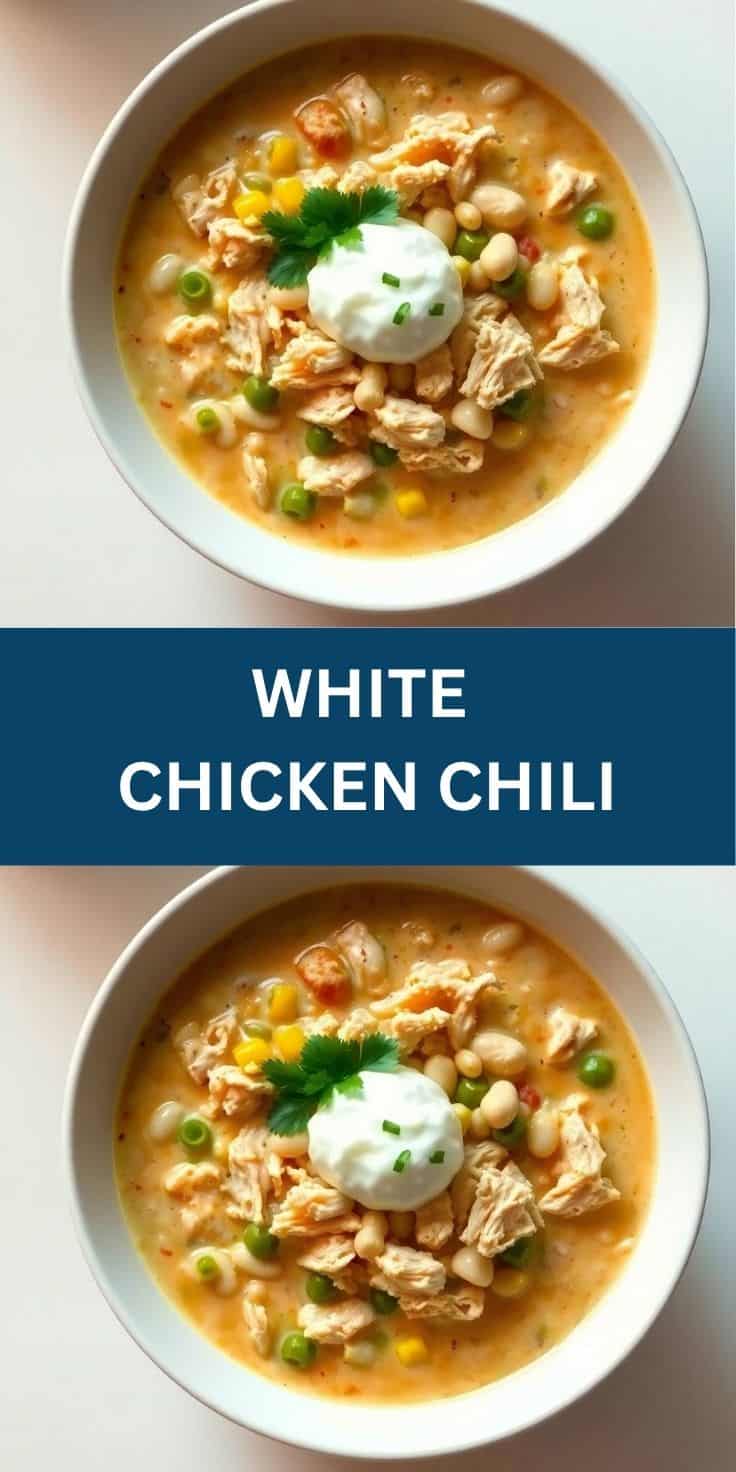Two bowls of white chicken chili topped with sour cream, cilantro, and green onions in white bowls.