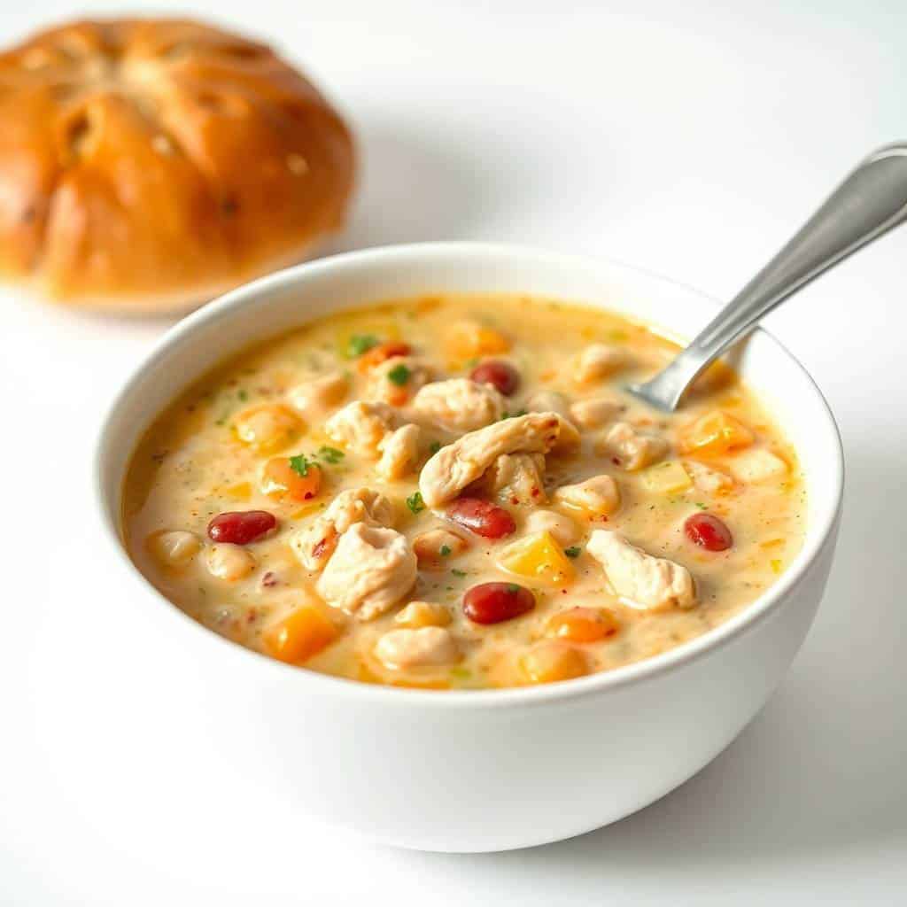 White chicken chili in bowl with bread roll, garnished with cilantro and red peppers.